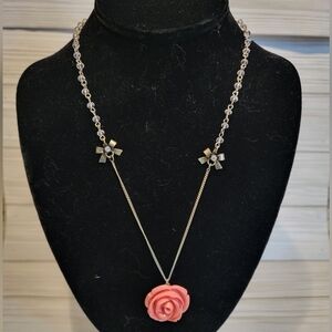 Betsey Johnson Pink Rose Necklace XO Charm Bow Statement Feminine